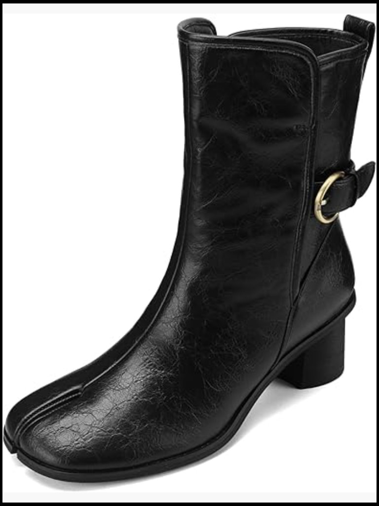 Split Toe Cowgirl Boots Mid Calf Tabi Ankle Booties Block Heel Slip On